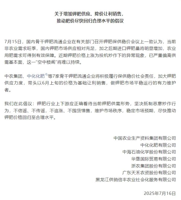 五五策略 中农集团等7家骨干钾肥流通企业倡议：尽快推动钾肥价格回归合理水平